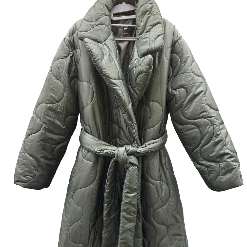 Size 12 Curvy - ASOS DESIGN Quilted Robe Coat Sage Green Onion Puffer Jacket